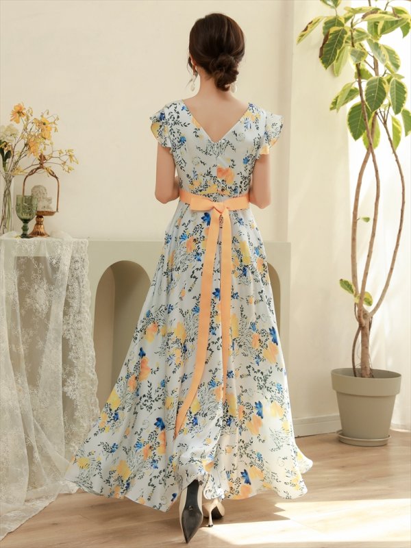 画像6: [送料無料][ERUKEI]イエロー・レッド・花柄・プリント・サテン・フリルスリーブ・Aライン・リボンベルト・ロングドレス[即日発送][大きいサイズあり] (6)