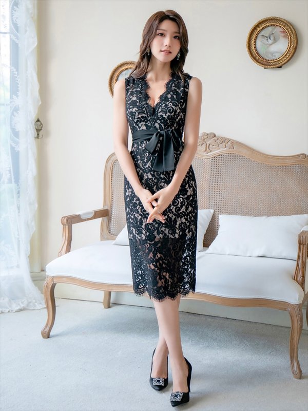 画像12: [送料無料][ERUKEI]ホワイト・ブラック・ワインレッド・総レース・Vネック・ノースリーブ・フロントリボン・膝丈・ミディアムドレス・ワンピース[即日発送][大きいサイズあり] (12)