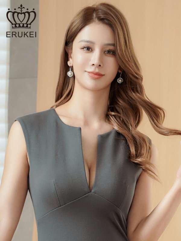 画像4: [送料無料][ERUKEI]グレー・ホワイト・ワインレッド・ネイビー・シンプル・ワンカラー・ノースリーブ・タイト・ミディアムドレス・ワンピース[即日発送][大きいサイズあり] (4)