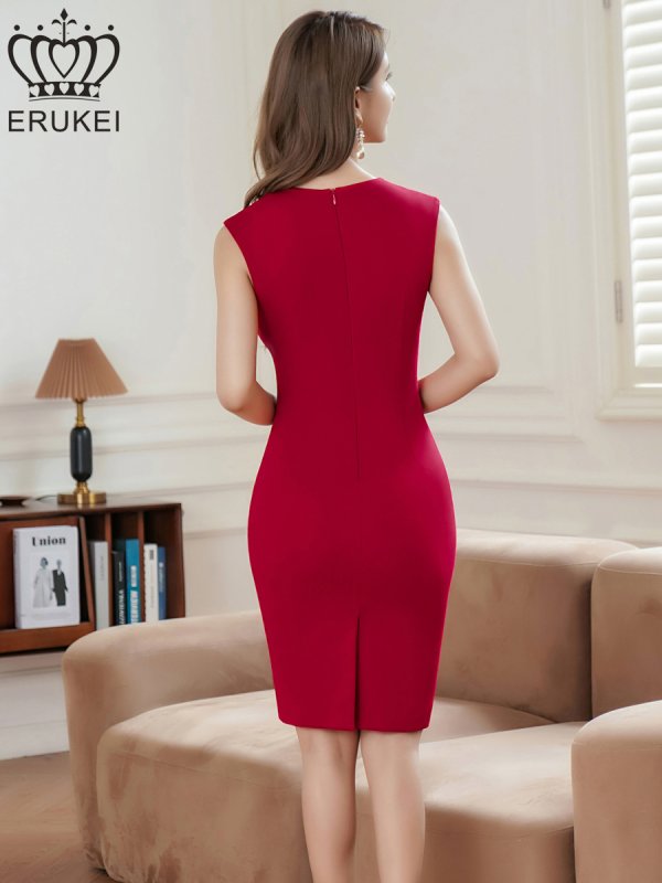 画像9: [送料無料][ERUKEI]ホワイト・ワインレッド・ネイビー・シンプル・ワンカラー・ノースリーブ・タイト・ミディアムドレス・ワンピース[即日発送][大きいサイズあり] (9)