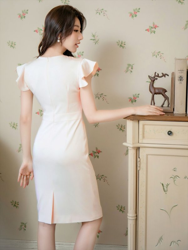 画像3: [送料無料][ERUKEI]ベージュ・グリーン・ネイビー・ワインレッド・ピンク・ブルー・Vネック・フリル袖 ・タイト・ミニドレス・ワンピース[即日発送][大きいサイズあり] (3)