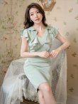 画像12: [送料無料][ERUKEI]ネイビー・ベージュ・グリーン・ワインレッド・ピンク・ブルー・Vネック・フリル袖 ・タイト・ミニドレス・ワンピース[即日発送][大きいサイズあり] (12)
