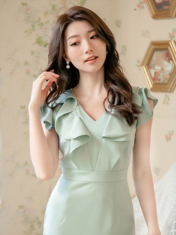 画像10: [送料無料][ERUKEI]ベージュ・グリーン・ネイビー・ワインレッド・ピンク・ブルー・Vネック・フリル袖 ・タイト・ミニドレス・ワンピース[即日発送][大きいサイズあり] (10)