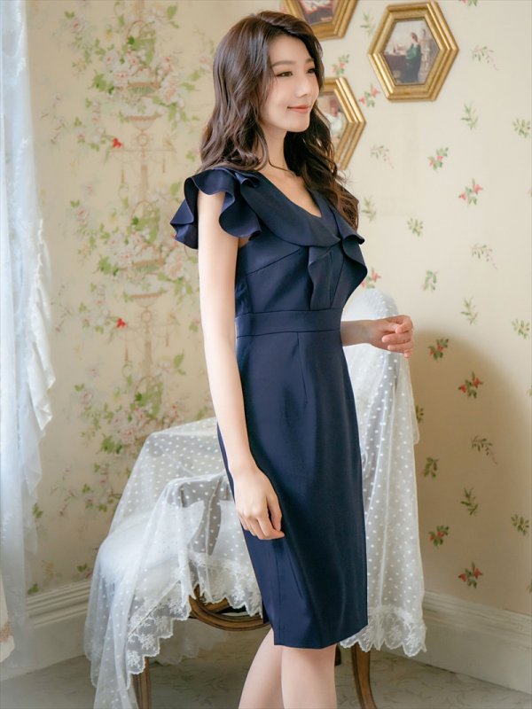 画像12: [送料無料][ERUKEI]ベージュ・グリーン・ネイビー・ワインレッド・ピンク・ブルー・Vネック・フリル袖 ・タイト・ミニドレス・ワンピース[即日発送][大きいサイズあり] (12)