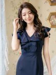 画像4: [送料無料][ERUKEI]ネイビー・ベージュ・グリーン・ワインレッド・ピンク・ブルー・Vネック・フリル袖 ・タイト・ミニドレス・ワンピース[即日発送][大きいサイズあり] (4)