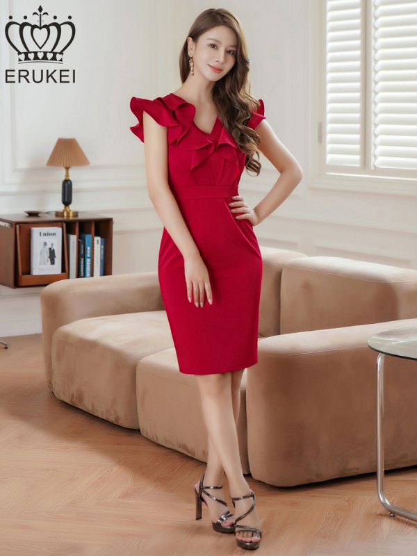 画像5: [送料無料][ERUKEI]ワインレッド・ネイビー・ベージュ・グリーン・ピンク・ブルー・Vネック・フリル袖 ・タイト・ミニドレス・ワンピース[即日発送][大きいサイズあり] (5)