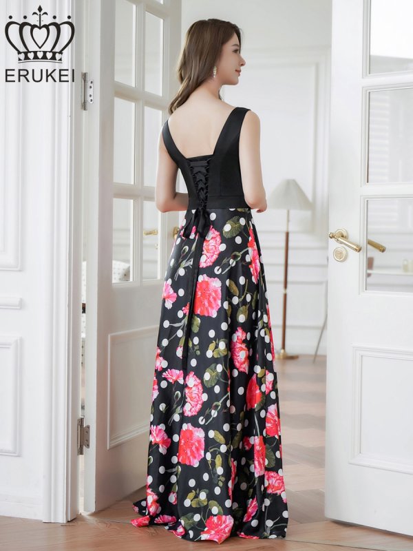 画像3: [送料無料][ERUKEI]ブラック×ピンク・ドット・フラワープリント・切替・スピンドル・Vネック・ノースリーブ・Aライン・ロングドレス[即日発送][大きいサイズあり] (3)