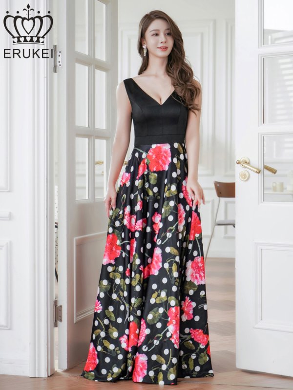 画像5: [送料無料][ERUKEI]ブラック×ピンク・ドット・フラワープリント・切替・スピンドル・Vネック・ノースリーブ・Aライン・ロングドレス[即日発送][大きいサイズあり] (5)