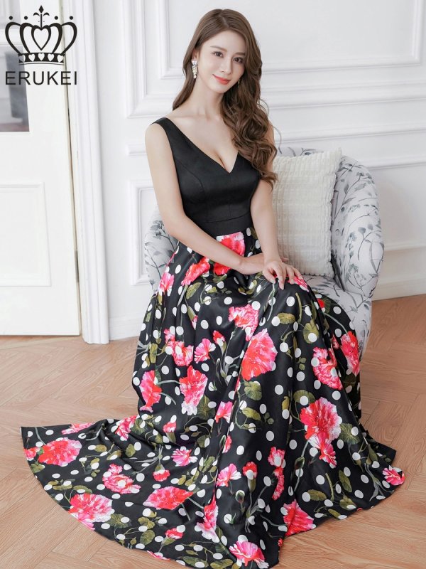 画像6: [送料無料][ERUKEI]ブラック×ピンク・ドット・フラワープリント・切替・スピンドル・Vネック・ノースリーブ・Aライン・ロングドレス[即日発送][大きいサイズあり] (6)