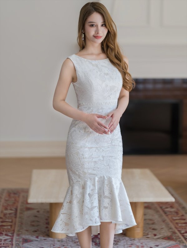 画像2: [送料無料][ERUKEI]ホワイト・シンプル・レース・ノースリーブ・マーメイド・タイト・ミディアムドレス・ワンピース[即日発送][大きいサイズあり] (2)