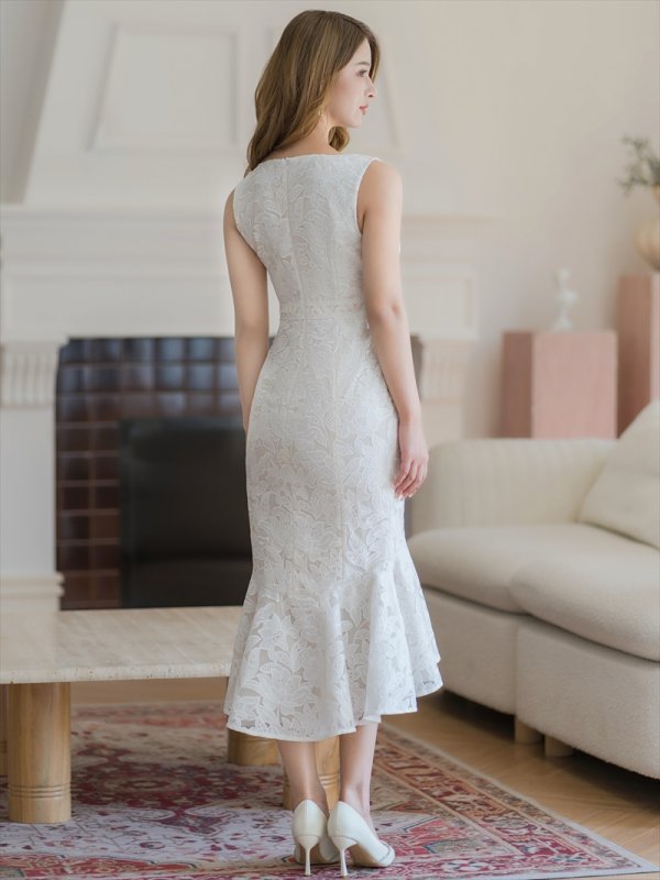 画像3: [送料無料][ERUKEI]ホワイト・シンプル・レース・ノースリーブ・マーメイド・タイト・ミディアムドレス・ワンピース[即日発送][大きいサイズあり] (3)