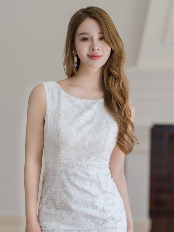 画像4: [送料無料][ERUKEI]ホワイト・シンプル・レース・ノースリーブ・マーメイド・タイト・ミディアムドレス・ワンピース[即日発送][大きいサイズあり] (4)