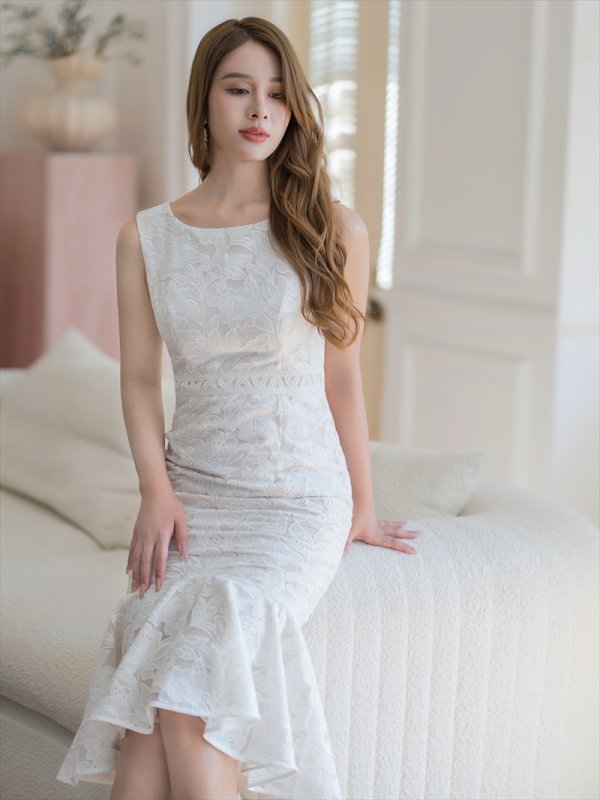 画像6: [送料無料][ERUKEI]ホワイト・シンプル・レース・ノースリーブ・マーメイド・タイト・ミディアムドレス・ワンピース[即日発送][大きいサイズあり] (6)