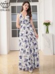 画像1: [送料無料][ERUKEI]ホワイト×ブルー・プリント・花柄・ジャガード・ノースリーブ・Vネック・ハイウエスト・フレア・Aライン・ロングドレス[即日発送][大きいサイズあり] (1)