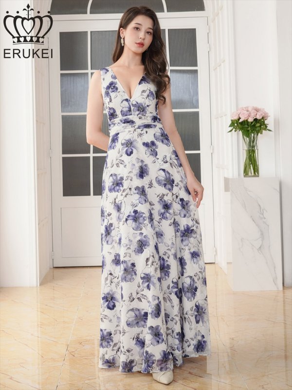 画像1: [送料無料][ERUKEI]ホワイト×ブルー・プリント・花柄・ジャガード・ノースリーブ・Vネック・ハイウエスト・フレア・Aライン・ロングドレス[即日発送][大きいサイズあり] (1)