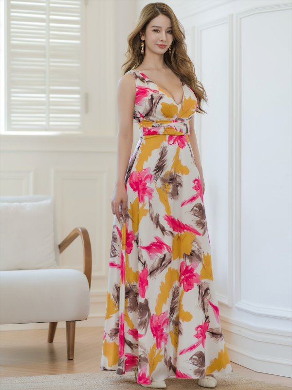 画像2: [送料無料][ERUKEI]ホワイト×ピンク・プリント・ペイント柄・サテン・ノースリーブ・Vネック・Aライン・ロングドレス[即日発送][大きいサイズあり] (2)