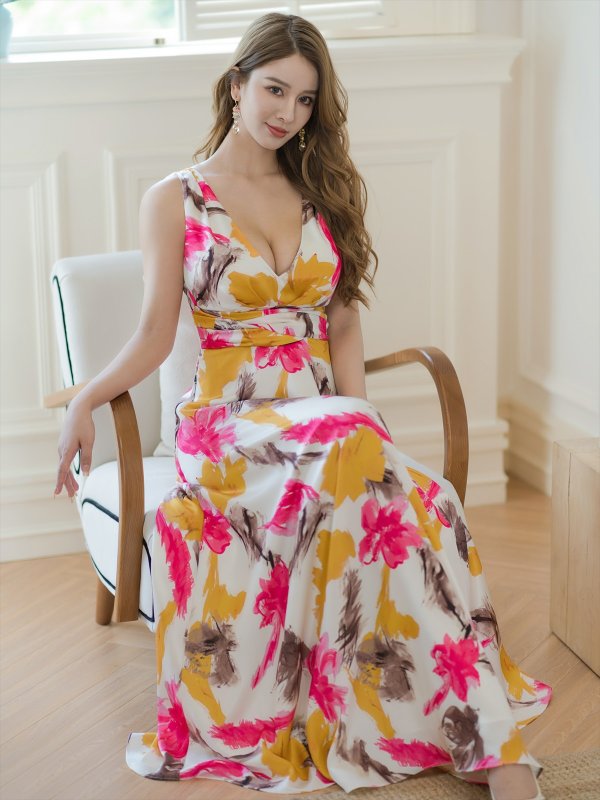 画像6: [送料無料][ERUKEI]ホワイト×ピンク・プリント・ペイント柄・サテン・ノースリーブ・Vネック・Aライン・ロングドレス[即日発送][大きいサイズあり] (6)