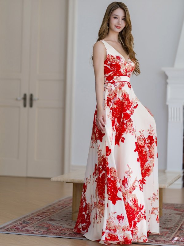 画像2: [送料無料][ERUKEI]ベージュ×レッド・フラワープリント・Aライン・ノースリーブ・ロングドレス[即日発送][大きいサイズあり] (2)