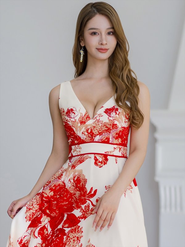 画像4: [送料無料][ERUKEI]ベージュ×レッド・フラワープリント・Aライン・ノースリーブ・ロングドレス[即日発送][大きいサイズあり] (4)