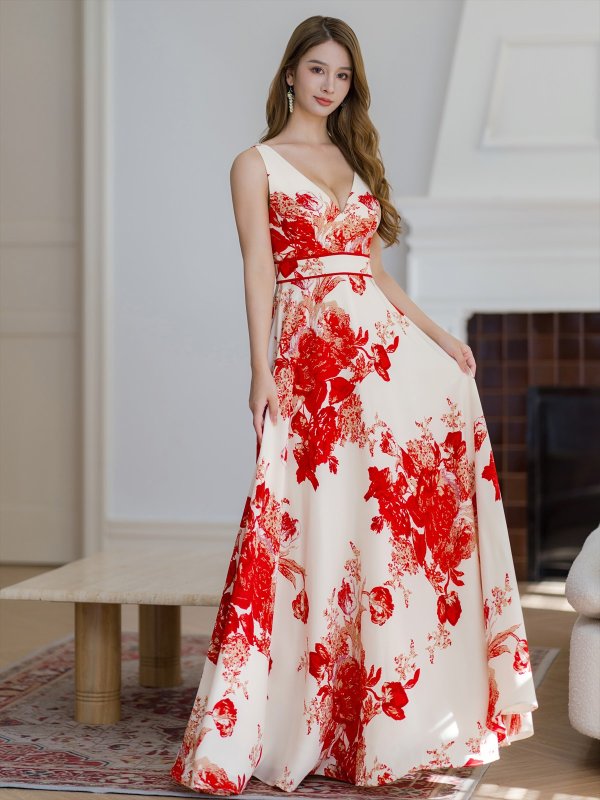 画像5: [送料無料][ERUKEI]ベージュ×レッド・フラワープリント・Aライン・ノースリーブ・ロングドレス[即日発送][大きいサイズあり] (5)