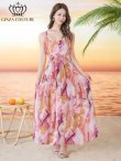 画像1: [送料無料][GINZA COUTURE]ピンク・ペイント柄・プリント・シフォン・スクエアネック・ノースリーブ・Aライン・フレア・マキシ丈・ミディアムドレス・ワンピース[即日発送][大きいサイズあり] (1)