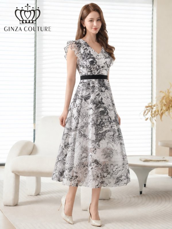 画像6: [送料無料][GINZA COUTURE]ブラック・ネイビー・トワルドジュイ・プリント・Vネック・フリルスリーブ・切替・Aライン・フレア・ミディアムドレス・ワンピース[即日発送][大きいサイズあり] (6)