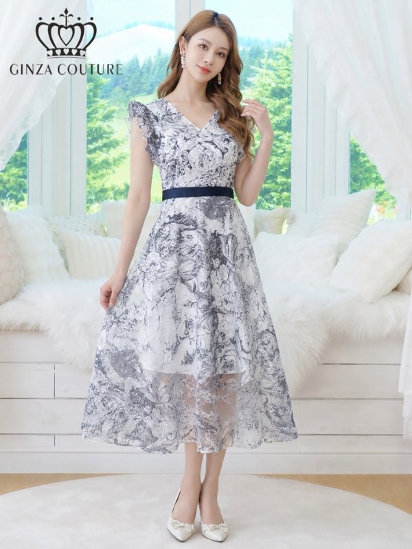 画像8: [送料無料][GINZA COUTURE]ブラック・ネイビー・トワルドジュイ・プリント・Vネック・フリルスリーブ・切替・Aライン・フレア・ミディアムドレス・ワンピース[即日発送][大きいサイズあり] (8)