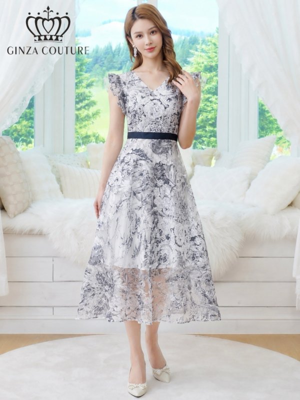 画像11: [送料無料][GINZA COUTURE]ブラック・ネイビー・トワルドジュイ・プリント・Vネック・フリルスリーブ・切替・Aライン・フレア・ミディアムドレス・ワンピース[即日発送][大きいサイズあり] (11)