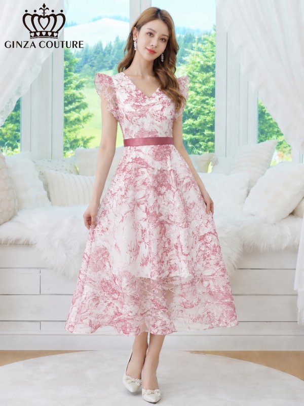 画像2: [送料無料][GINZA COUTURE]ピンク・ブラック・ネイビー・トワルドジュイ・プリント・Vネック・フリルスリーブ・切替・Aライン・フレア・ミディアムドレス・ワンピース[即日発送][大きいサイズあり] (2)