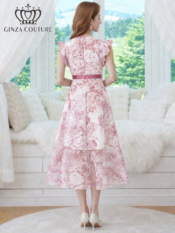 画像3: [送料無料][GINZA COUTURE]ピンク・ブラック・ネイビー・トワルドジュイ・プリント・Vネック・フリルスリーブ・切替・Aライン・フレア・ミディアムドレス・ワンピース[即日発送][大きいサイズあり] (3)