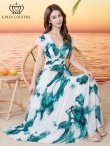 画像6: [送料無料][GINZA COUTURE]ホワイト×グリーン・ペイント柄・プリント・シフォン・ノースリーブ・Vネック・切替・フリル・Aライン・ロングドレス[即日発送][大きいサイズあり] (6)