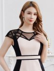 画像4: [送料無料][GINZA COUTURE]ベージュ×ブラック・バイカラー・半袖・レース・Vネック・ひざ丈・タイト・スリット・ミディアムドレス・ワンピース[即日発送][大きいサイズあり] (4)
