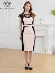 画像5: [送料無料][GINZA COUTURE]ベージュ×ブラック・バイカラー・半袖・レース・Vネック・ひざ丈・タイト・スリット・ミディアムドレス・ワンピース[即日発送][大きいサイズあり] (5)