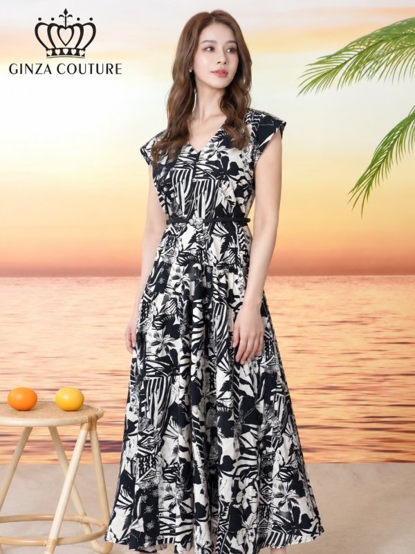 画像2: [送料無料][GINZA COUTURE]ホワイト×ブラック・プリント・ノースリーブ・Vネック・ベルト・フレア・Aライン・ミディアムドレス・ワンピース[即日発送][大きいサイズあり] (2)