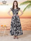 画像5: [送料無料][GINZA COUTURE]ホワイト×ブラック・プリント・ノースリーブ・Vネック・ベルト・フレア・Aライン・ミディアムドレス・ワンピース[即日発送][大きいサイズあり] (5)