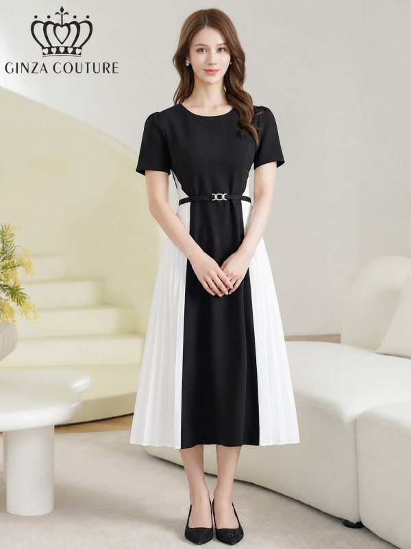 画像1: [送料無料][GINZA COUTURE]ブラック×ホワイト・バイカラー・半袖・ベルト付き・プリーツ・Aライン・ミディアムドレス・ワンピース[即日発送][大きいサイズあり] (1)