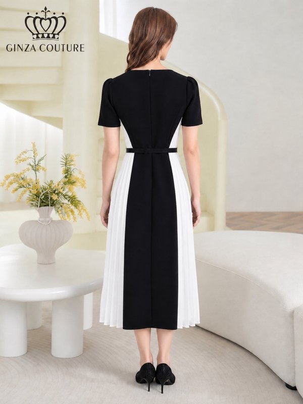 画像3: [送料無料][GINZA COUTURE]ブラック×ホワイト・バイカラー・半袖・ベルト付き・プリーツ・Aライン・ミディアムドレス・ワンピース[即日発送][大きいサイズあり] (3)