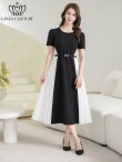 画像5: [送料無料][GINZA COUTURE]ブラック×ホワイト・バイカラー・半袖・ベルト付き・プリーツ・Aライン・ミディアムドレス・ワンピース[即日発送][大きいサイズあり] (5)