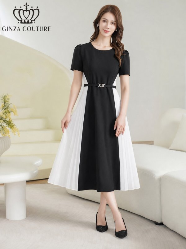 画像5: [送料無料][GINZA COUTURE]ブラック×ホワイト・バイカラー・半袖・ベルト付き・プリーツ・Aライン・ミディアムドレス・ワンピース[即日発送][大きいサイズあり] (5)