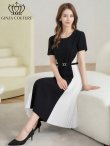 画像6: [送料無料][GINZA COUTURE]ブラック×ホワイト・バイカラー・半袖・ベルト付き・プリーツ・Aライン・ミディアムドレス・ワンピース[即日発送][大きいサイズあり] (6)