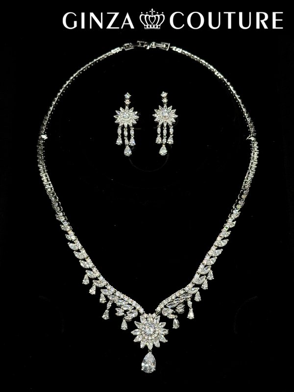 画像1: [アクセサリーセット]シルバー・ビジュー・ストーン・フラワーモチーフ・ネックレス・ピアス・アクセサリーセット[即日発送] (1)