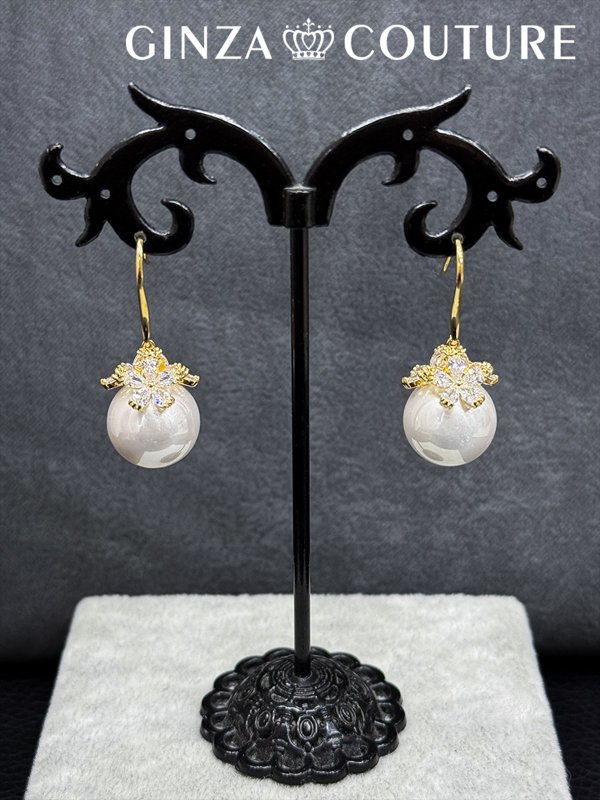 画像1: [ジュエリー][ピアス]ゴールド×ホワイト・ゴールド×ピンク・パール・ストーン・フックピアス[即日発送] (1)