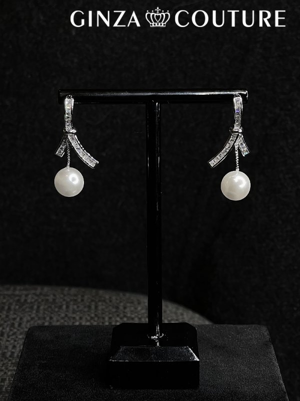 画像1: [ジュエリー][ピアス]シルバー・ストーン・リボン・パール・ハギーピアス[即日発送] (1)