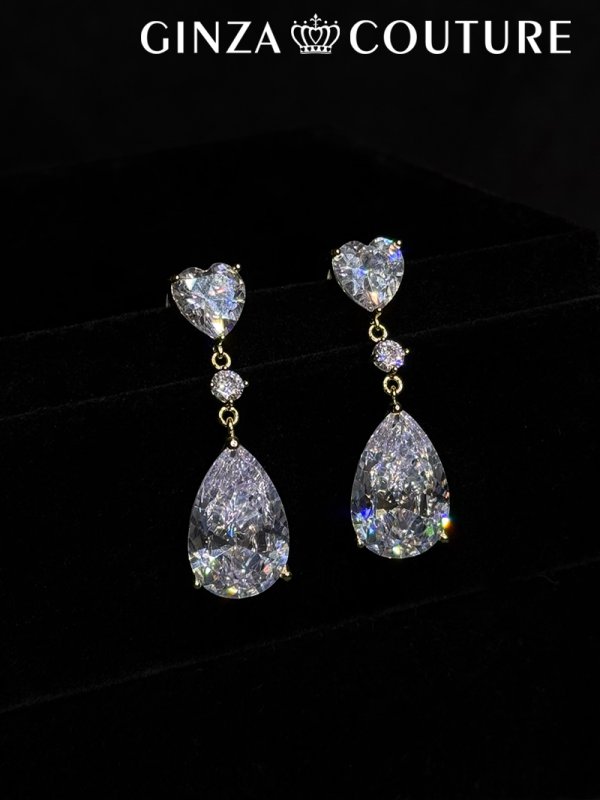 画像1: [ジュエリー][ピアス]ゴールド×クリア・ドロップストーン・ハート・スタッドピアス[即日発送] (1)