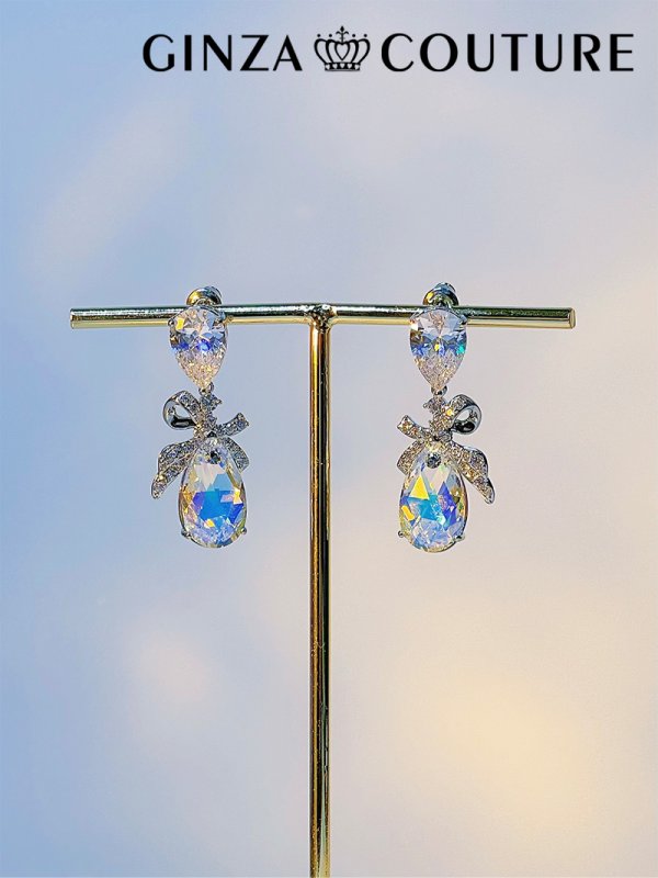 画像1: [ジュエリー][ピアス]シルバー・オーロラストーン・クリアストーン・ティアドロップ・リボン・スタッドピアス[即日発送] (1)