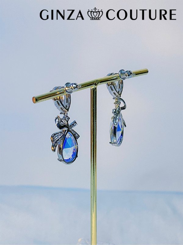 画像2: [ジュエリー][ピアス]シルバー・オーロラストーン・クリアストーン・ティアドロップ・リボン・スタッドピアス[即日発送] (2)