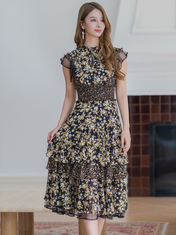 画像8: [送料無料][SETTAN]パープル・イエロー・花柄・ティアードフリル・プチハイネック・Aライン・レースポイント・ミディアムドレス・ワンピース[即日発送][大きいサイズあり] (8)