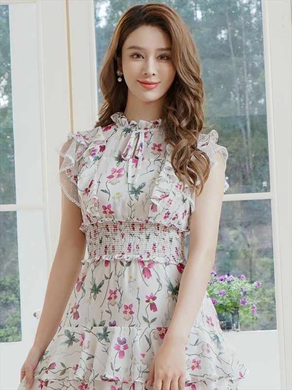 画像4: [送料無料][SETTAN]パープル×グリーン・花柄・プリント・シフォン・ティアード・フリル・プチハイネック・Aライン・ミディアムドレス・ワンピース[即日発送][大きいサイズあり] (4)