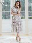 画像5: [送料無料][SETTAN]パープル×グリーン・花柄・プリント・シフォン・ティアード・フリル・プチハイネック・Aライン・ミディアムドレス・ワンピース[即日発送][大きいサイズあり] (5)