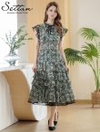画像2: [送料無料][SETTAN]グリーン・ペイズリー柄・シフォン・フリルスリーブ・プチハイネック・ティアード・Aライン・ミディアムドレス・ワンピース[即日発送][大きいサイズあり] (2)